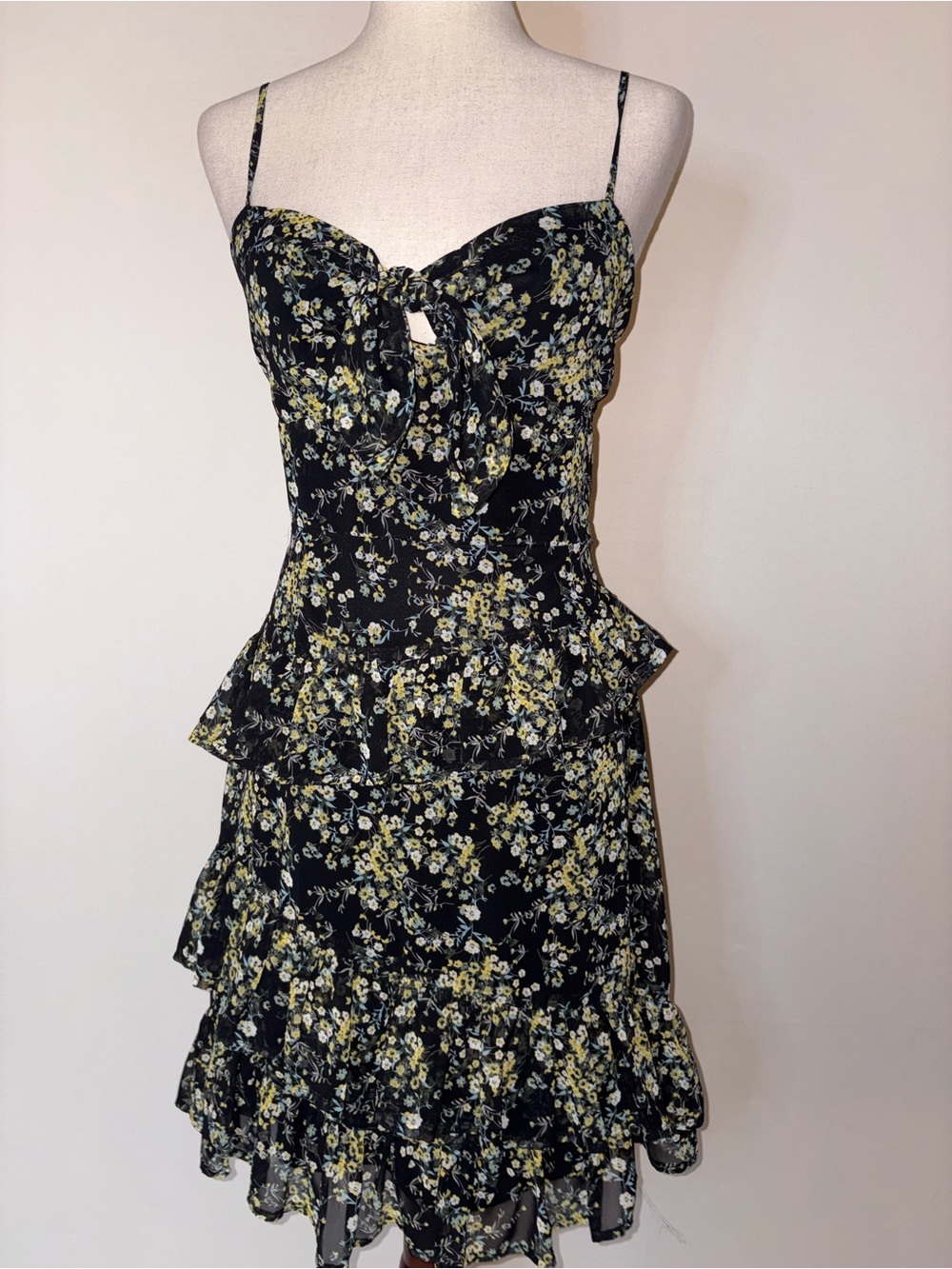 Lulu's Black Floral Tie-Front Ruffle Mini Dress - Picture 3 of 8